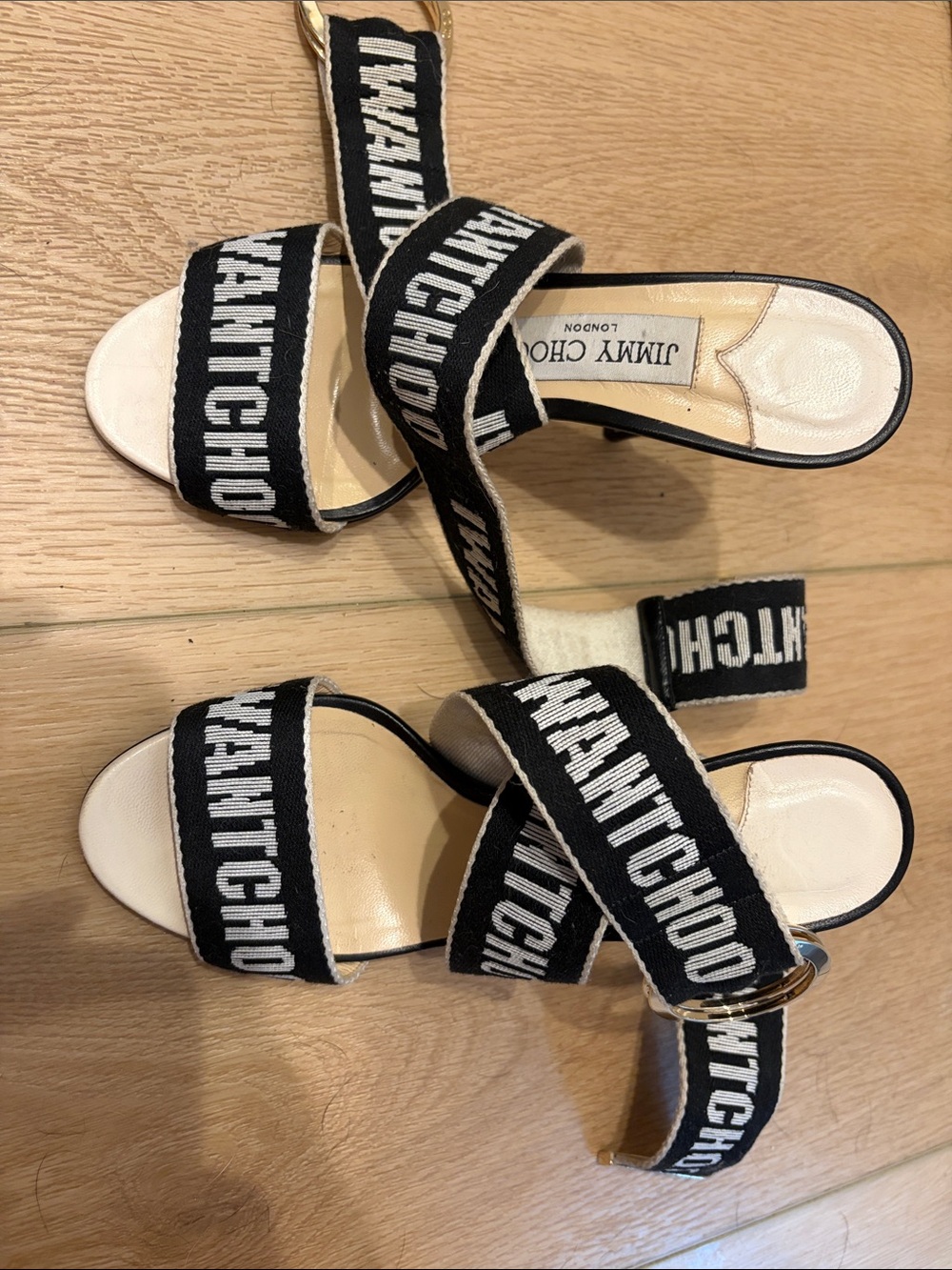 Jimmy Choo Black and White Logo Strap Heeled Sandals